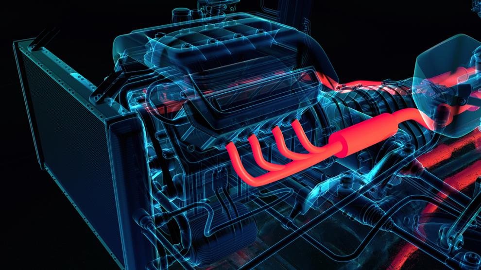X-ray style digital image of an internal combustion engine, highlighting the exhaust system in bright red to indicate high temperature.