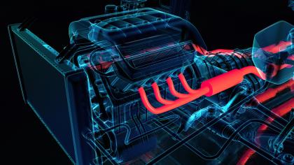 X-ray style digital image of an internal combustion engine, highlighting the exhaust system in bright red to indicate high temperature.