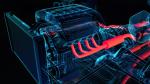 X-ray style digital image of an internal combustion engine, highlighting the exhaust system in bright red to indicate high temperature.